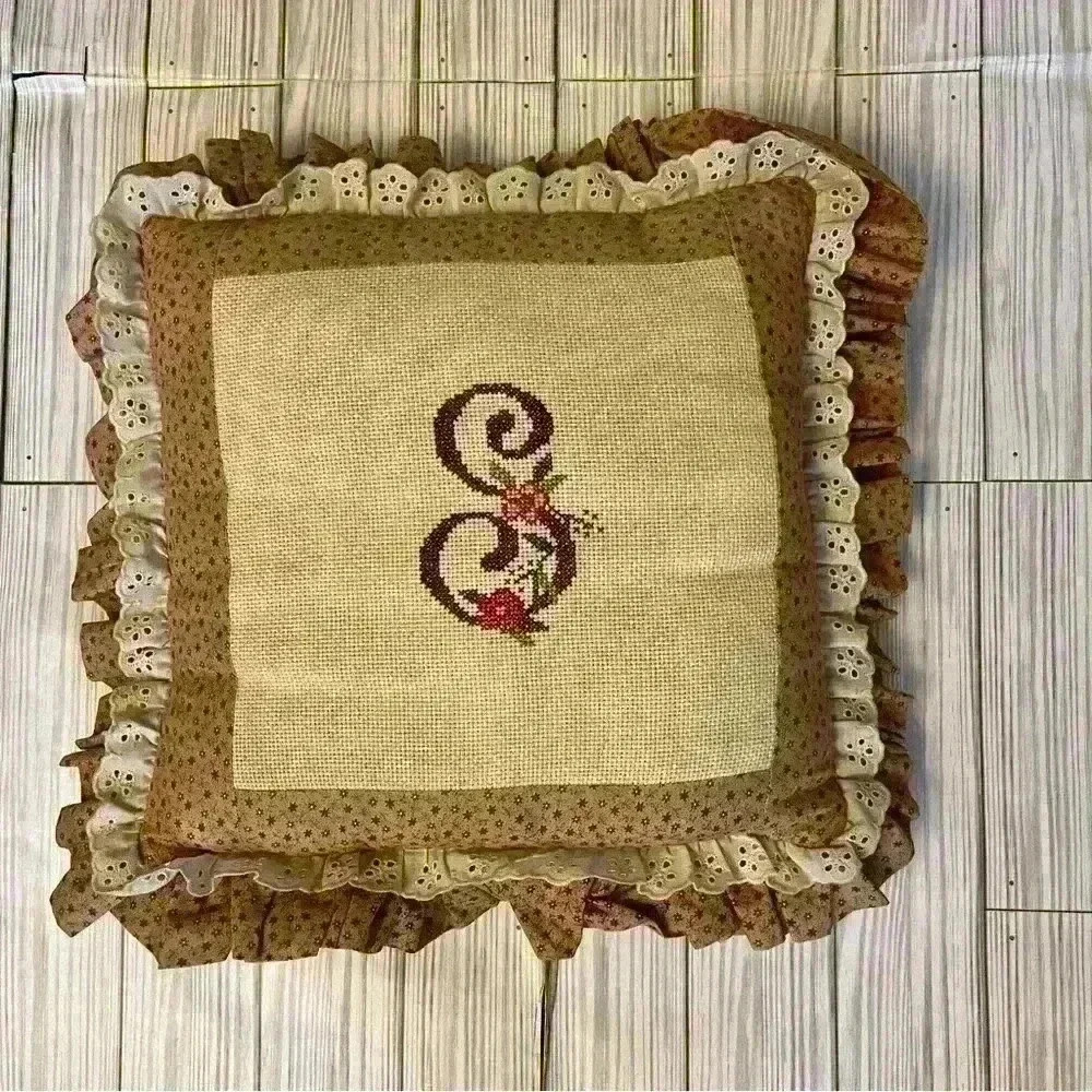 Embroidered Brown and Cream Accent Pillow